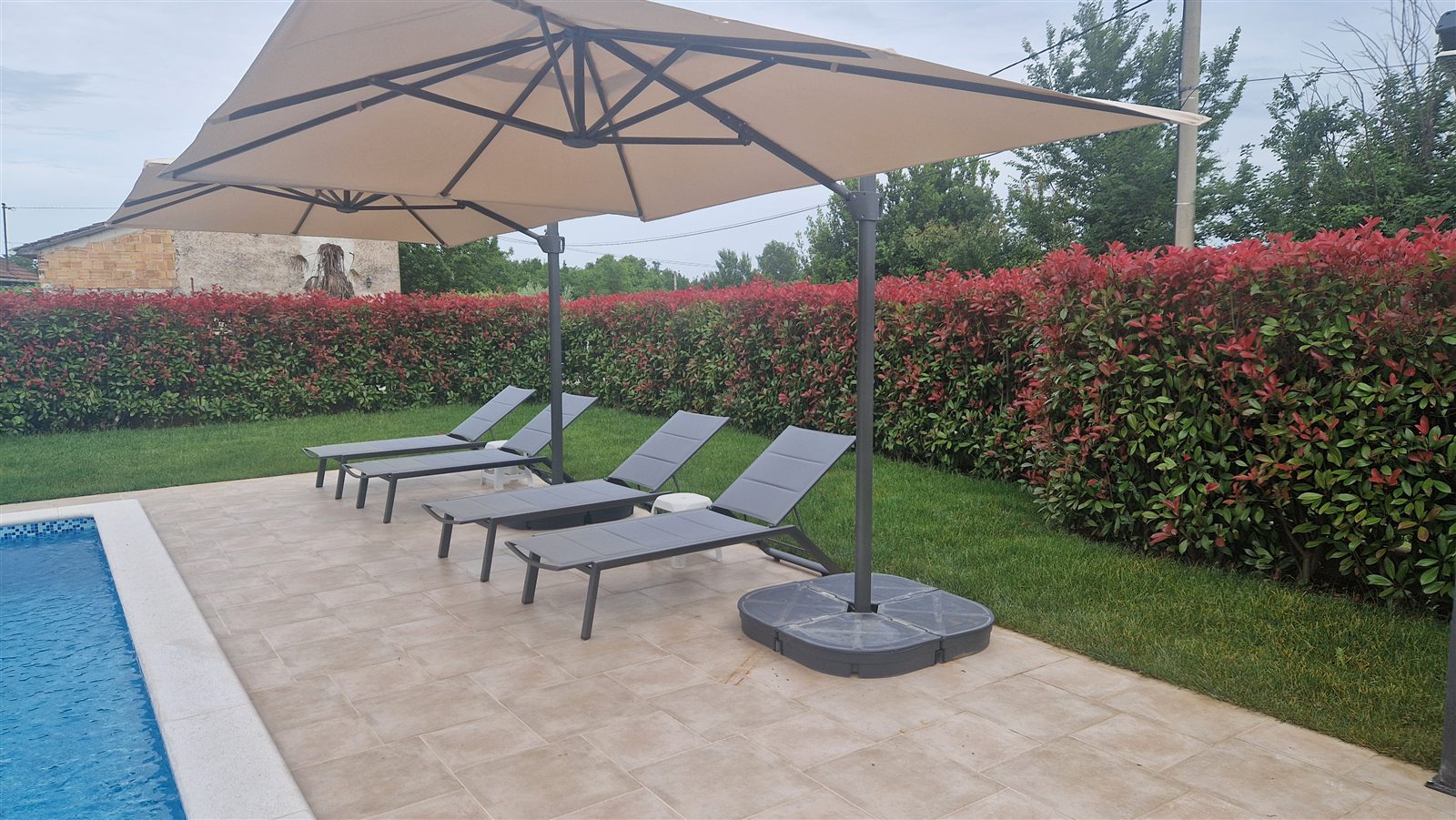 Sun loungers beside Casa Copa's garden hedge
